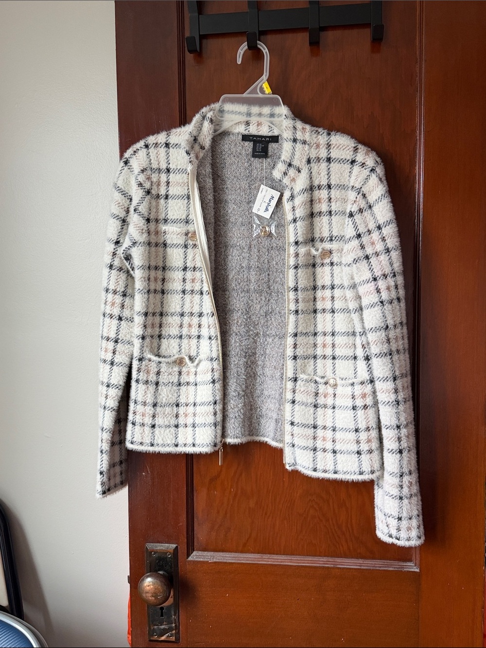 Tahari Cream Plaid Tweed Blazer with Black & Tan Windowpane